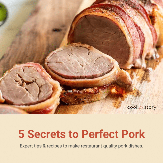Bacon Wrapped Pork, text reads 5 Secrets to Perfect Pork.