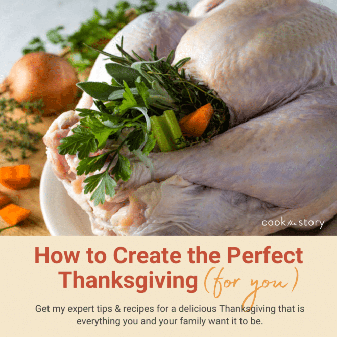 Whole raw turkey, text reads How to Create the Perfect Thanksgiving.