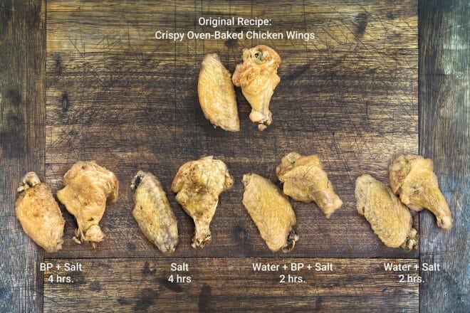 5 sets of cooked chicken wings on a butting board, with labels identifying brine type.