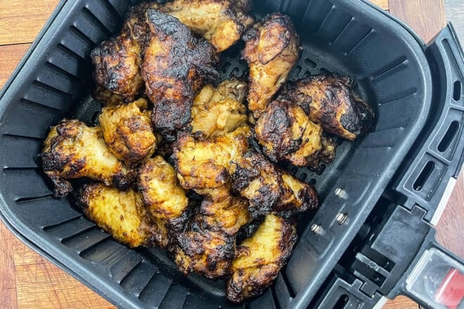 Sauced wings from the frozen food aisle, cooked in the air fryer.
