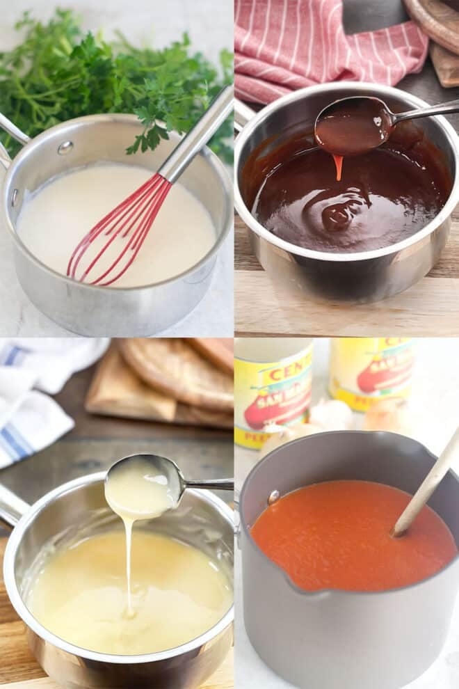 Collage of sauces, all in pans with spoon or whisk.