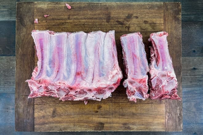 Back side of beef ribs, showing the additional fat and membrane that might be on a slab.