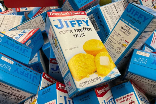 A pile of boxes of Jiffy mix.