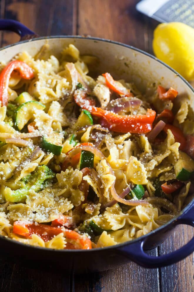 One Pot Pasta Dinner with veggies and cheese in a pot.