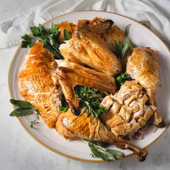 Carved turkey on a large platter.