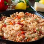 Skillet with shrimp, rice, and tomatoes with lemon and Parmesan in background.