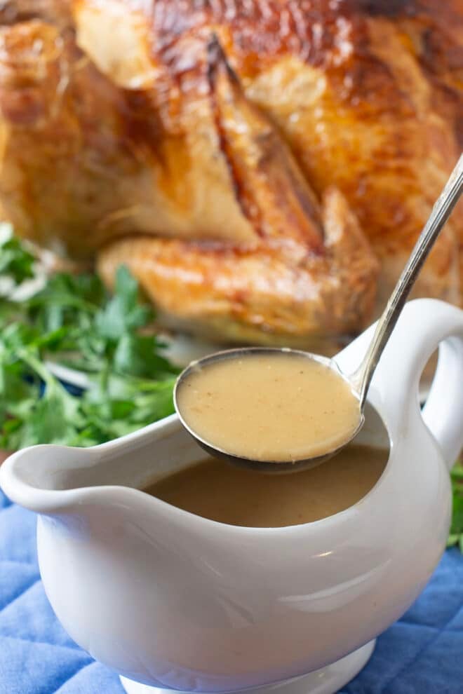 White gravy boat with turkey gravy, roast turkey in background.